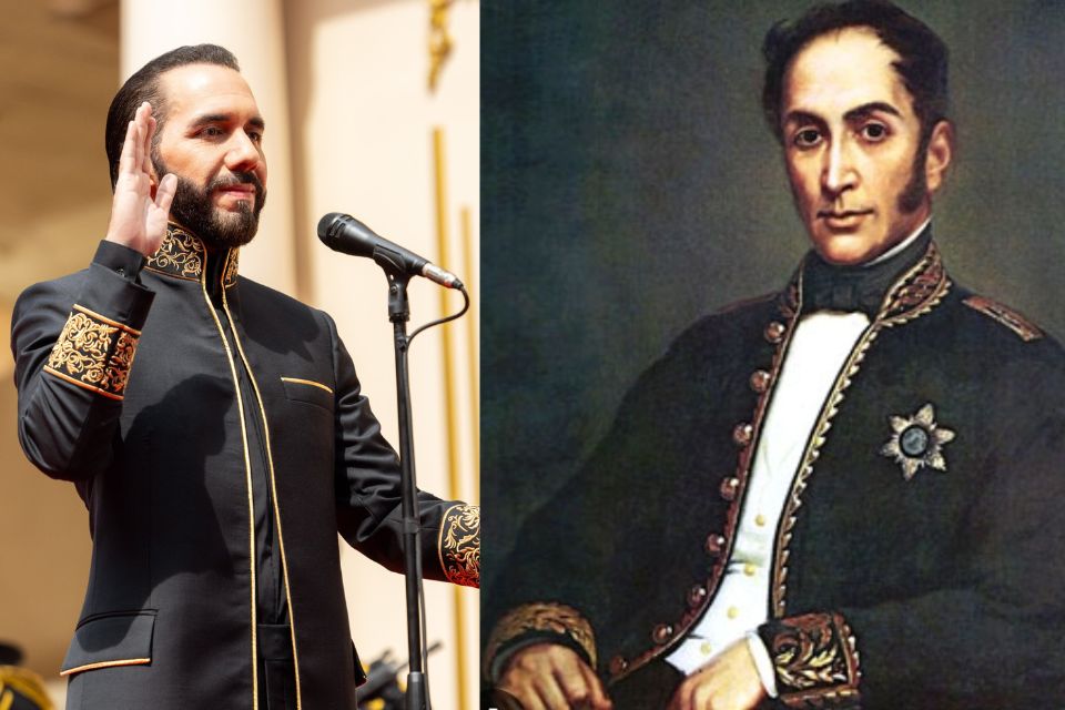 Foto de Nayib Bukele con el atuendo usado durante la toma de posesión el 1ro de junio. Algunos lo comparan con los usados por Simón Bolívar.